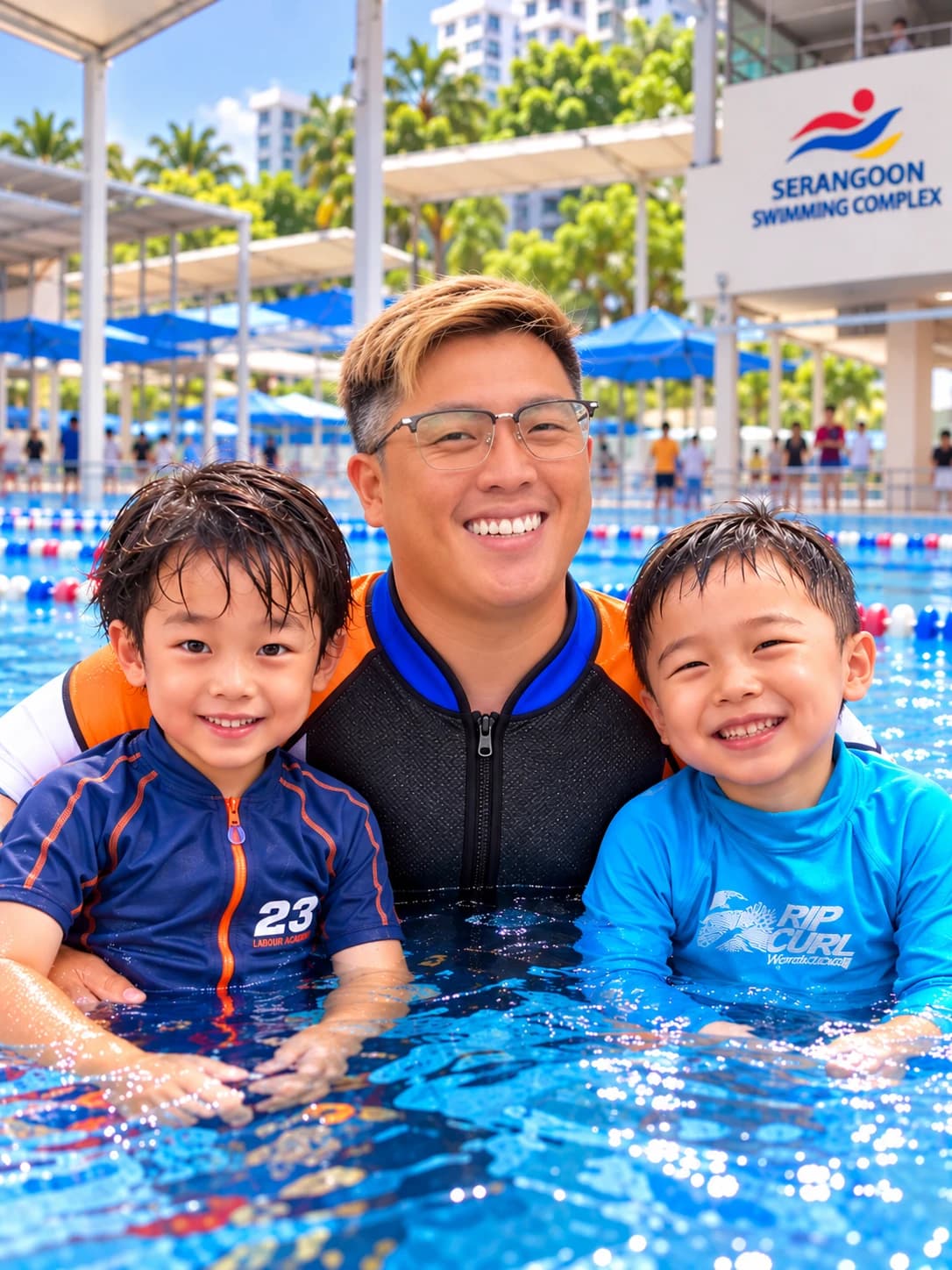 Geniusea coach with two smiling students at Serangoon Swimming Complex