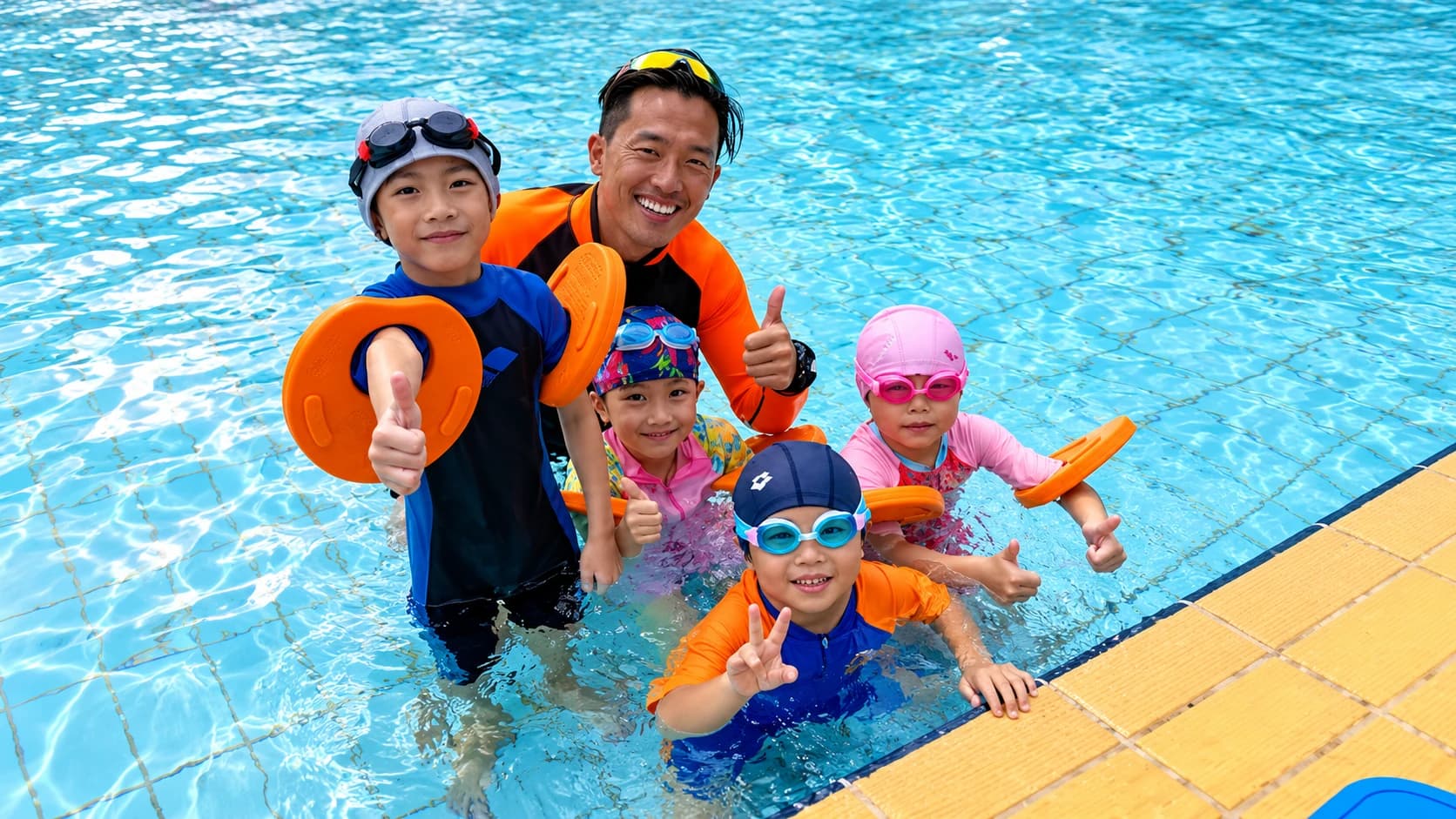 Coach and five kids with orange kickboards giving thumbs up in the pool