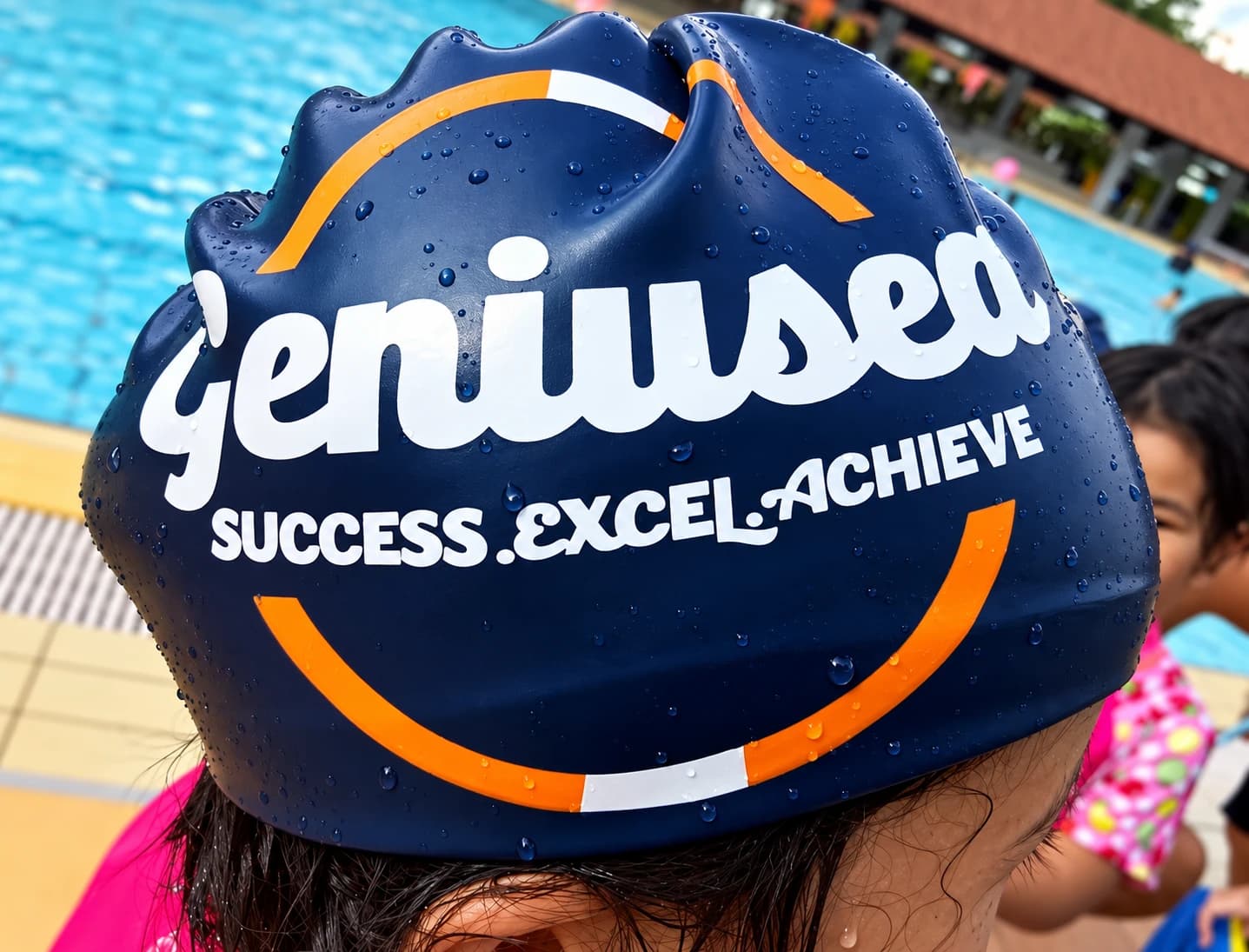 Close-up of a Geniusea swim cap: Success. Excel. Achieve.