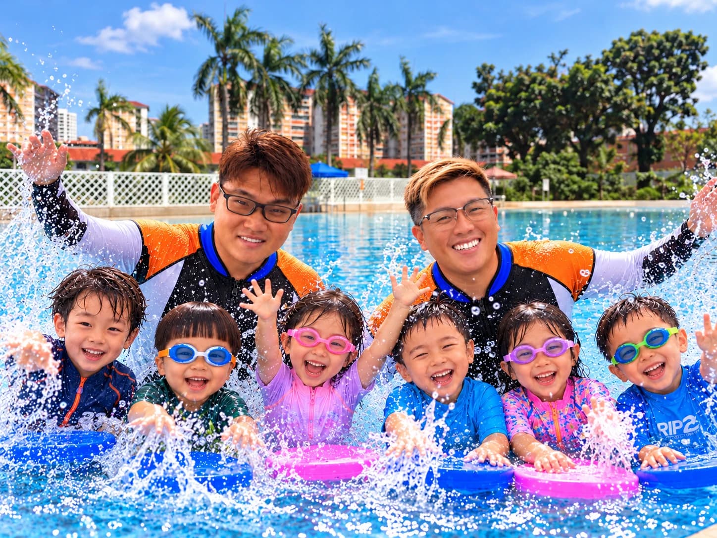 Coach Gabriel and Coach Joshua splashing with smiling young swimmers in the pool