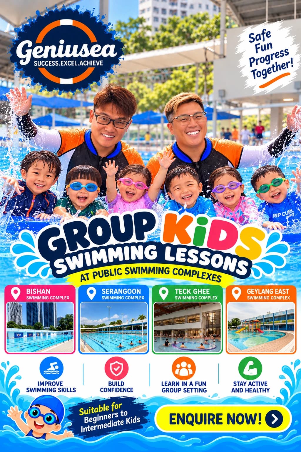 Poster: Group Kids Swimming Lessons at Bishan, Serangoon, Teck Ghee and Geylang East swimming complexes