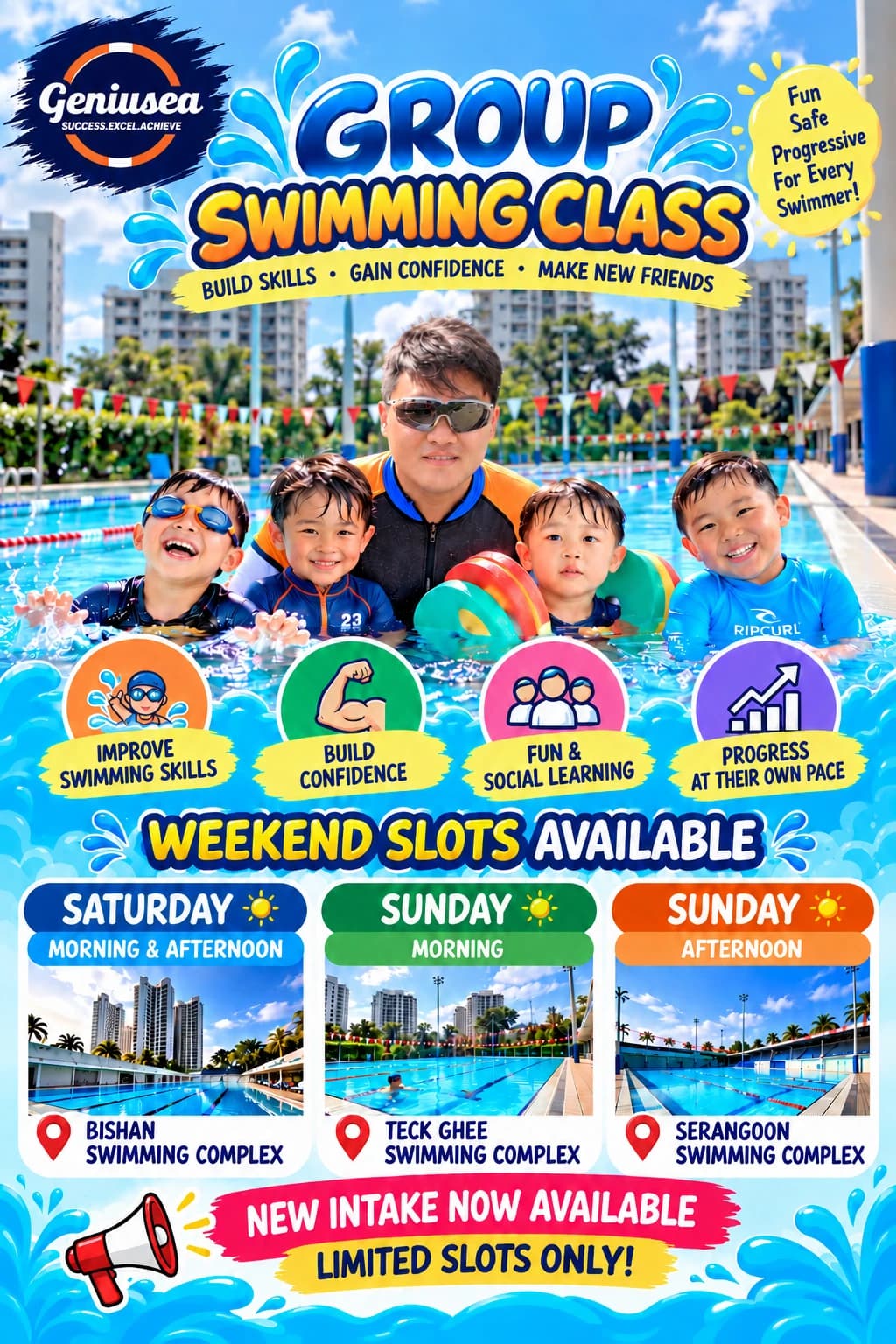 Poster: Group Swimming Class weekend slots at Bishan, Teck Ghee and Serangoon swimming complexes