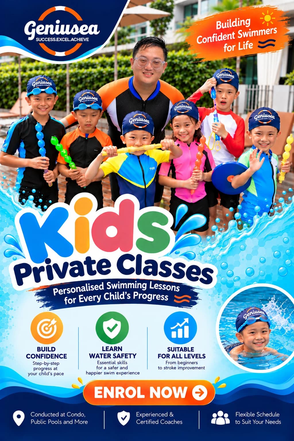 Poster: Kids Private Classes, personalised swimming lessons for every child's progress