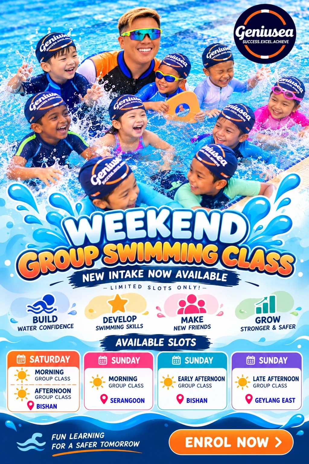 Poster: Weekend Group Swimming Class slots on Saturday at Bishan and Sunday at Serangoon, Bishan and Geylang East
